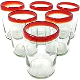 Dos Sueños Hand Blown Mexican Drinking Glasses - Set of 6 Glasses with Red Rims (14 oz each)