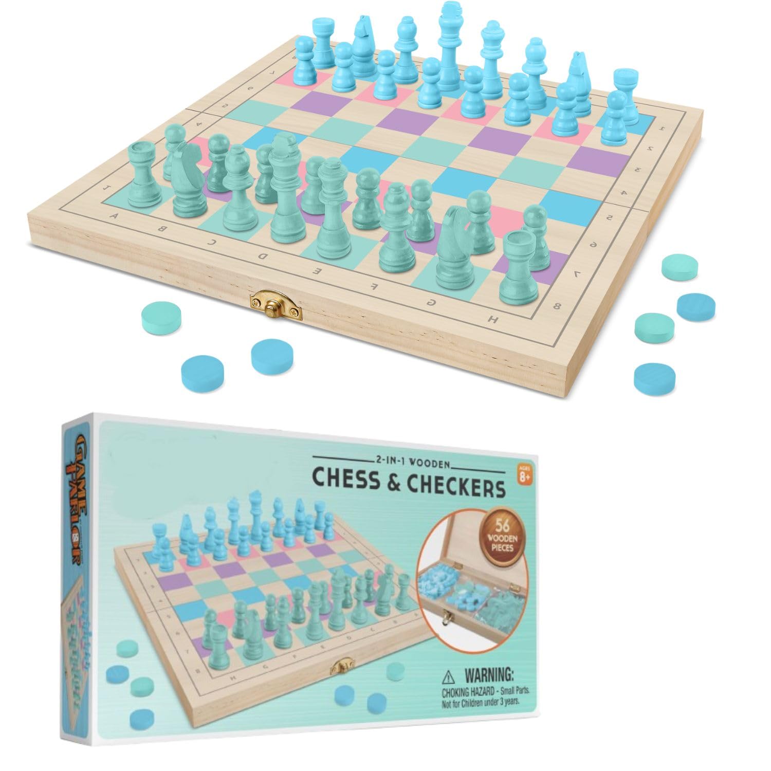 Photo 1 of 2 in 1 Wooden Chess and Checkers Set - Chess Set for Kids – 11” x 11” Wood Game Board Folds As Storage Case - Chess Checker Set - Childrens Chess Sets for Beginners - Chess Board for Kids