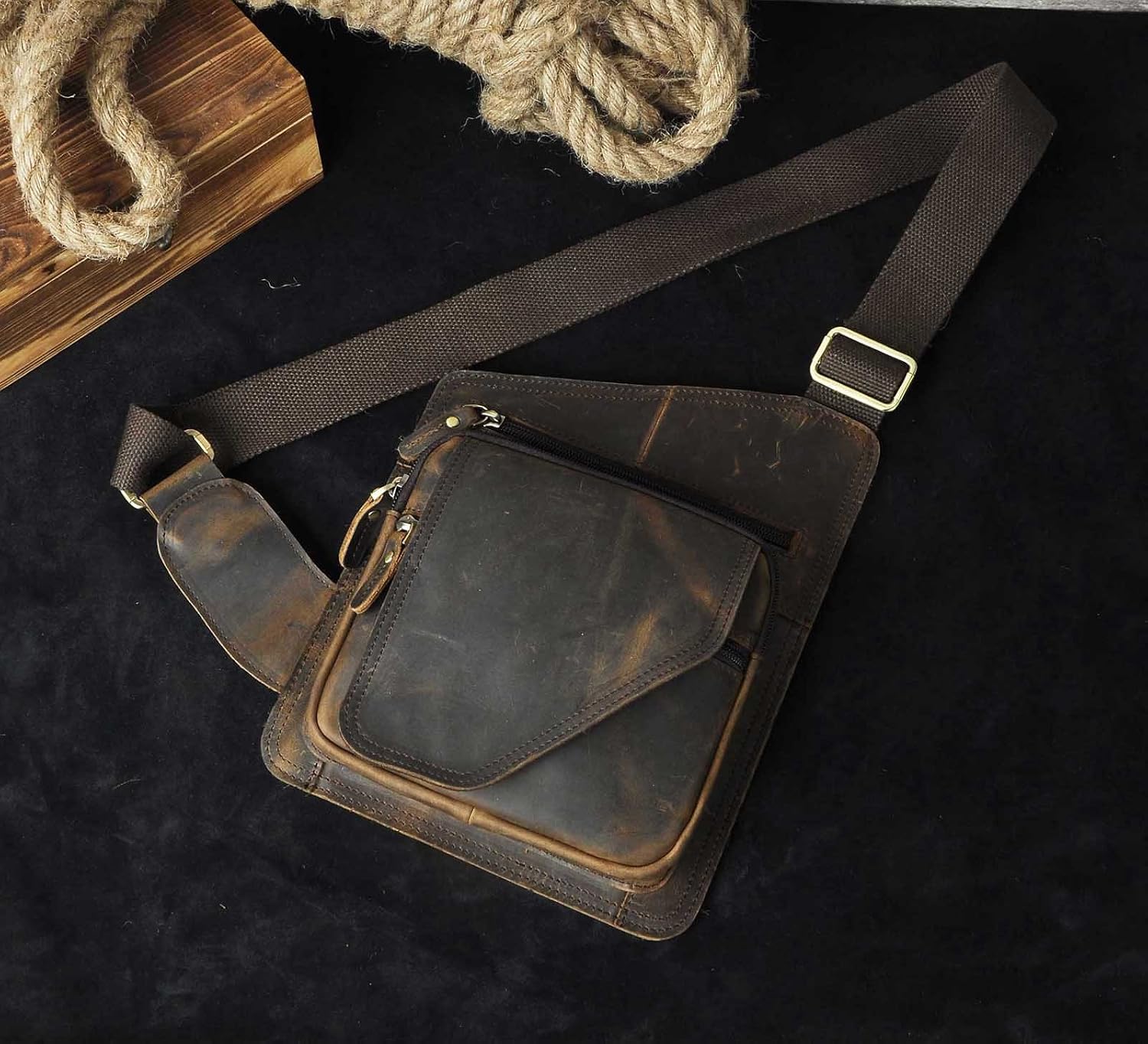Le'aokuu Mens Fashion Casual Tea Saddle Sling Bag Designer Treasure Mini Best Travel Cycling Hiking Crossbody Chest Bag Rig One Shoulder Strap Bag Pack Daypack for Men Leather B214 (A Dark Brown 2) - Image 5