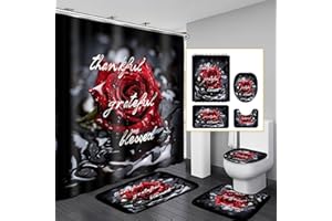 Omebero 4PCS Romantic Red Rose Bathroom Shower Curtain Sets, Waterproof Fabric Black Bathroom Sets with Shower Curtain and Rugs Toilet Lid Cover Bath Mat, Retro Flower Shower Curtains with Hooks