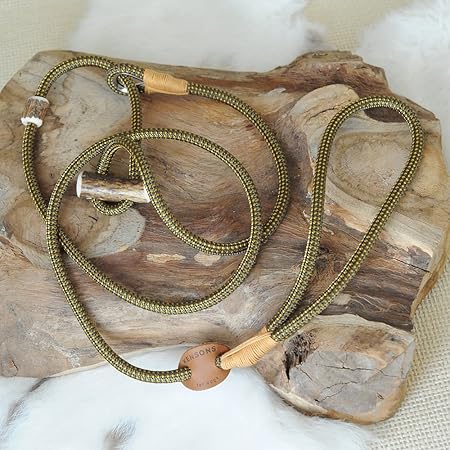 HUNDELEINE | RETRIEVERLEINE 'Elegant', oliv-grün / gold-gelb, 6 mm dick, mit Zugstopp aus Hirschhorn & Takling | Halsband und