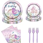 Tcoyodw Mermaid Birthday Party Tableware Set 96 Pcs Under The Sea Disposable Plates Napkins Forks Mermaid Tail Castle Princess Theme Party Supplies for Girls Serve 24 Guests