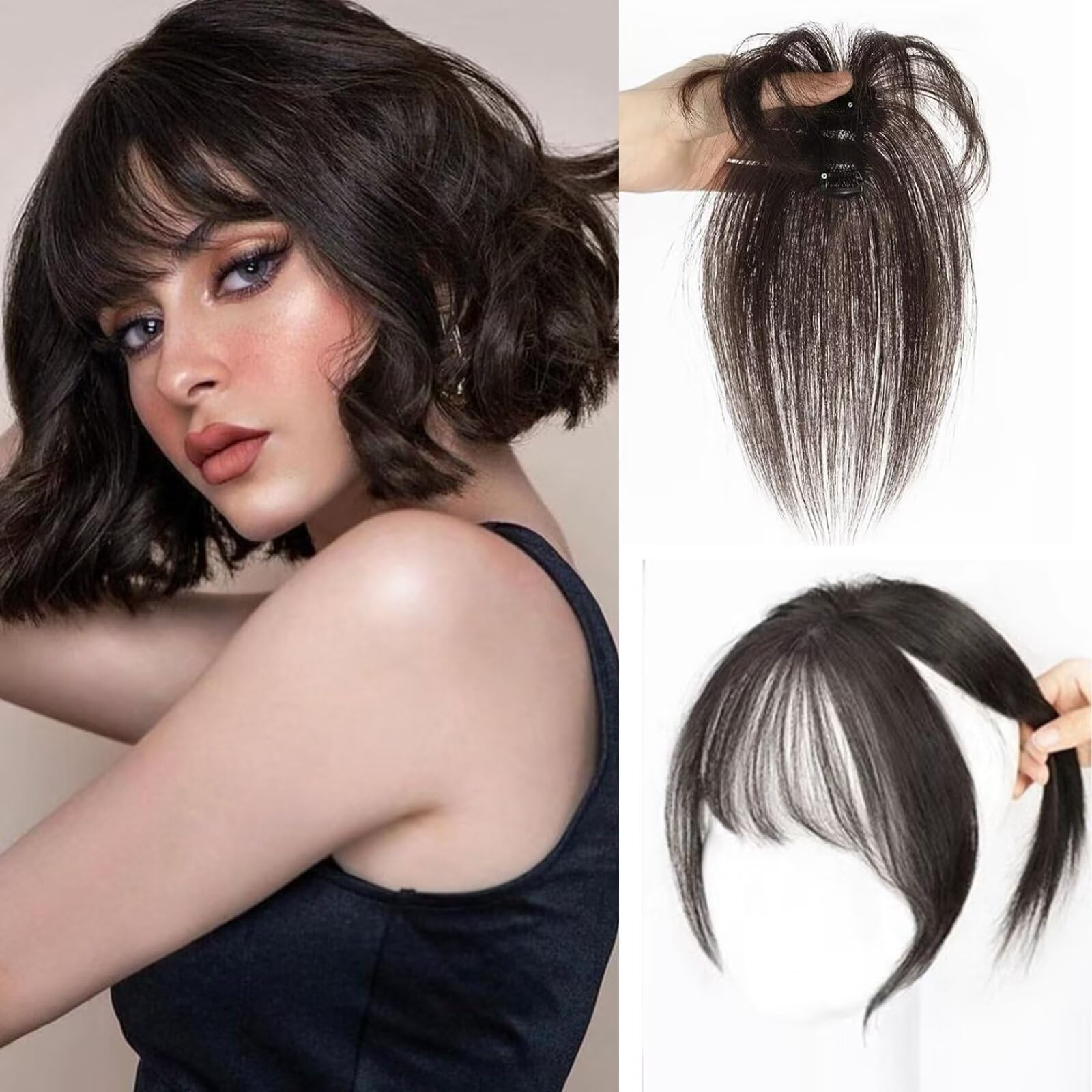 RUNRAYAY Vigorous Clip in Bangs 100% Real Human Hair Wipsy Fack Bangs Hair Clip, 360°Cover Natural Black Clip on Bangs for Women Hairpieces Curved Bangs for Daily Wear (Brown Black)