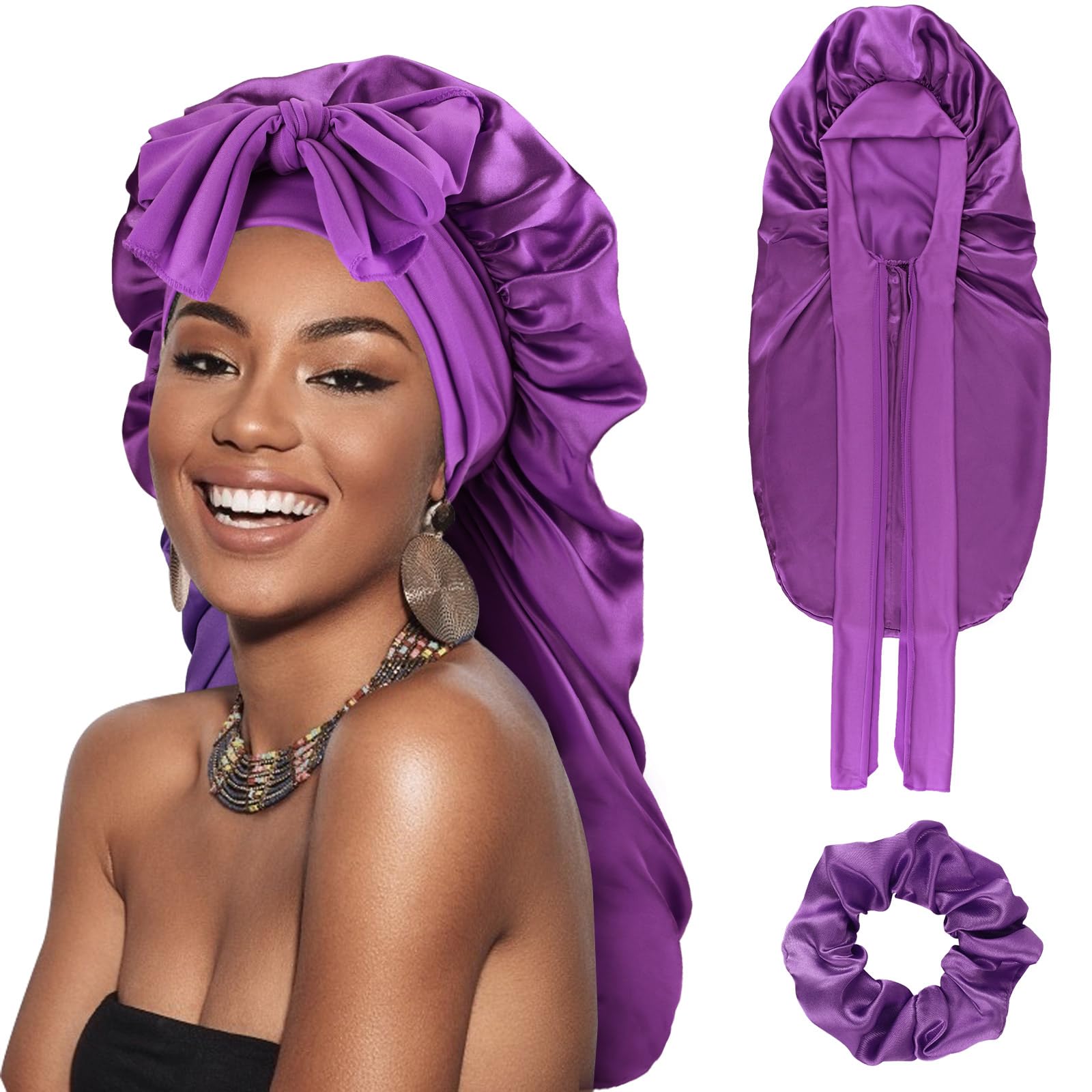 DRESHOW Long Satin Braid Bonnet for Women Silk Bonnet for Sleeping Sleep Cap with Elastic Tie Band Night Cap for Long Curly Hair Locs