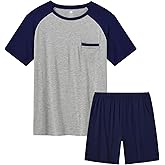 MoFiz Mens Pajama Set Pjs Sleepwear Nightwear Lightweight Quick Dry Soft Short Sleeve V-Neck Summer Pjs Sleep Set With Pocket