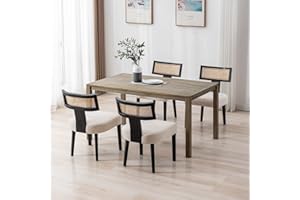 RIVOVA Rattan Back Dining Chairs Mid Century Modern Dining Chairs Set of 4 Rattan Kitchen Chairs Linen Fabric Upholstered Side Chairs, Modern Kitchen Armless Solid Wood Dining Chairs, Beige