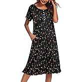 Ekouaer Nightgowns for Women with Pockets Button Front Short Sleeve House Dresses Floral Print Mumu Dress
