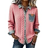 Women Denim Collar Knit Sweater Long Sleeve Button V Neck Patchwork Pullover Casual Retro Tops for Fall Winter