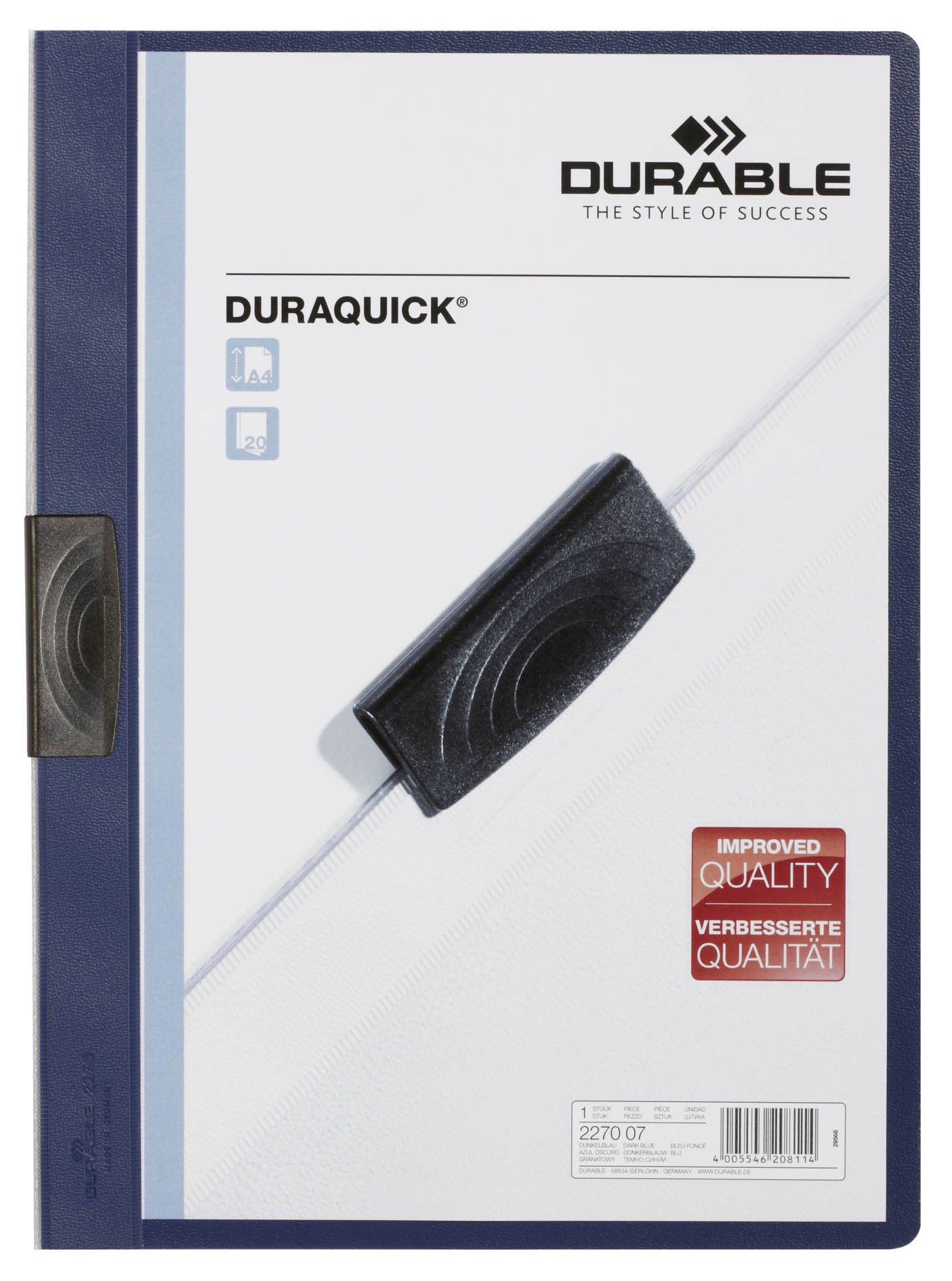 Durable DURAQUICK 20 Document Clip Folder - 20 Pack - A4 Dark Blue - Securely Holds upto 20 Sheets of Paper - Perfect for Schools and Universities