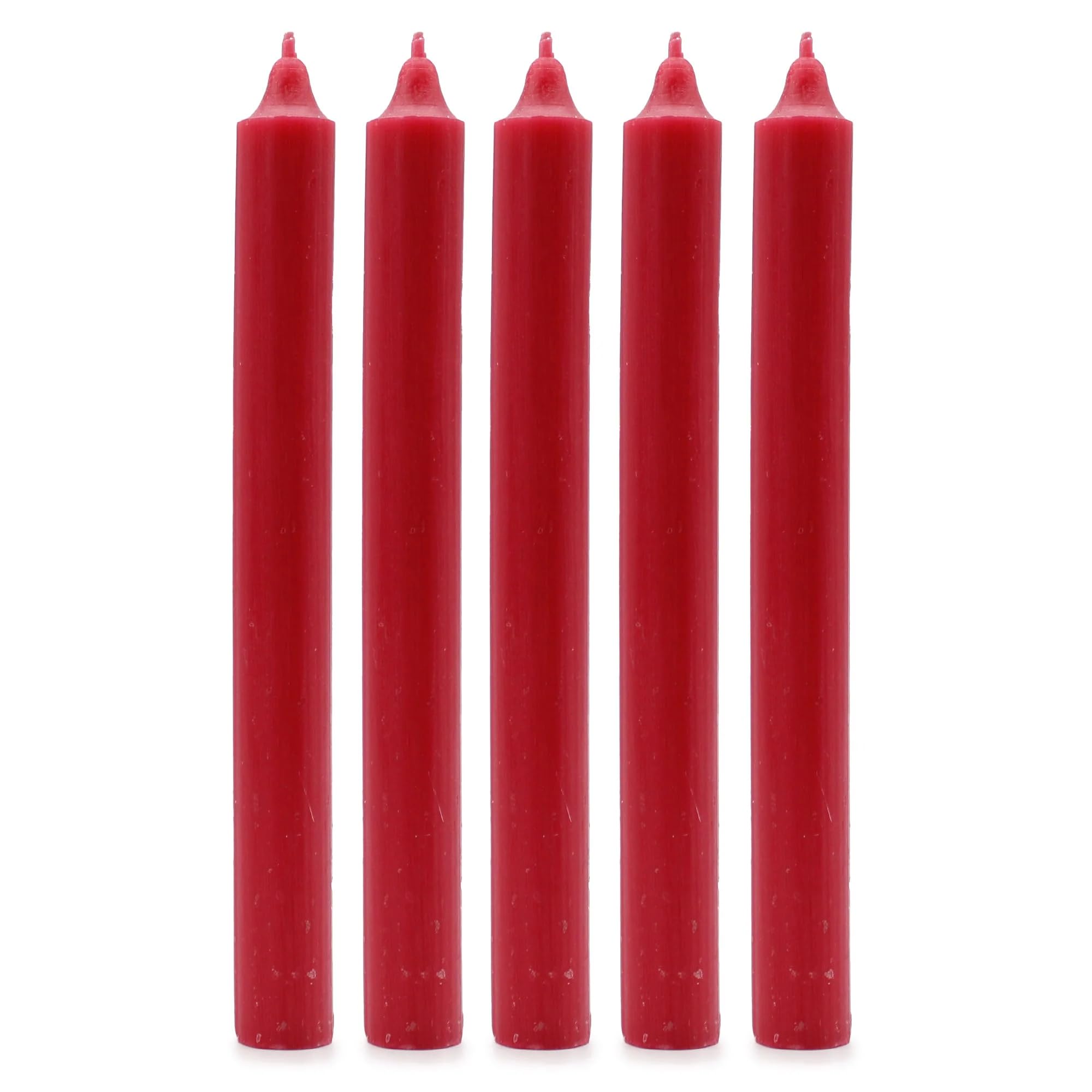 Solid Colour Dinner Candles, Pack of 5 Handmade Candles 20cm x 2cm Rustic Look Bistro Style Taper Candles (Rustic Red)