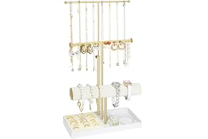 Jenseits 3-Tier Jewelry Holder Organizer:17.1" Adjustable Hanger, Velvet Ring Tray, Metal Aesthetic Display Stand for Necklaces, Earrings, Bracelets, Watches, Gold Jewelry Storage Tower Tree for Women