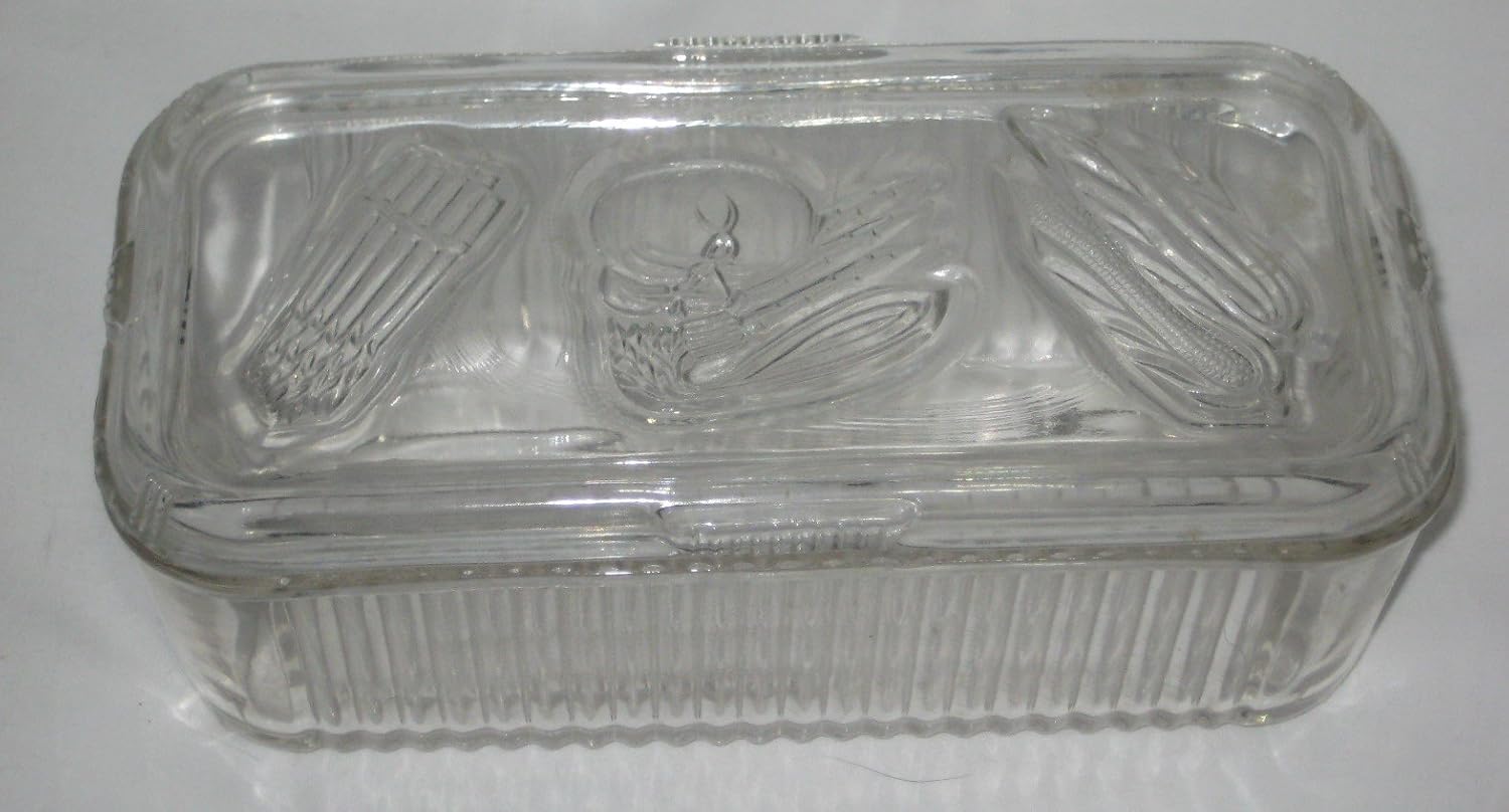 Vintage Federal Glass Refrigerator Dish w/ Vegetable Patterned Lid 8 1/2 x 4 x 3 Inches