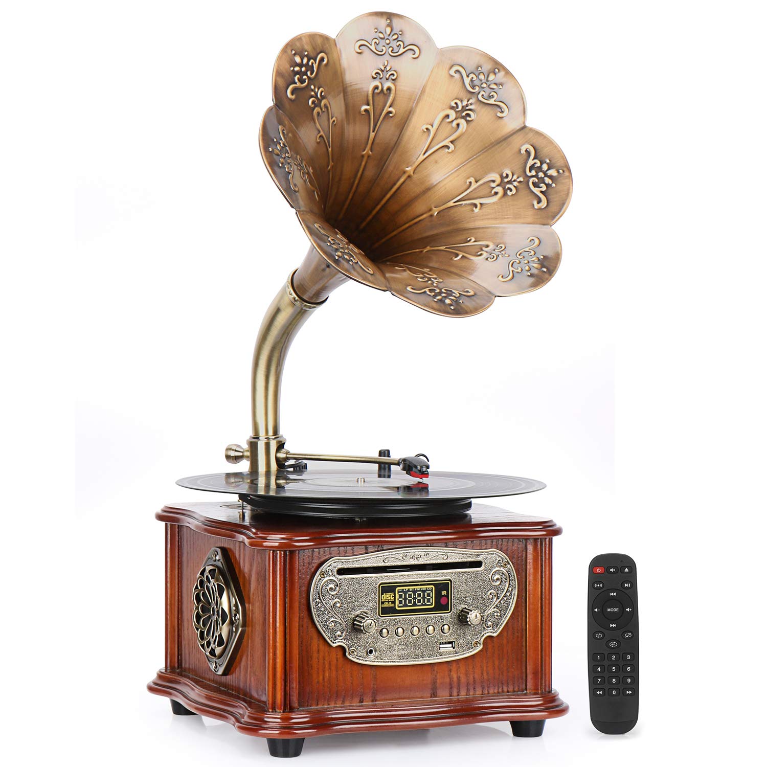 Gramophone Record Player Retro Turntable with Wireless Speakers, CD Player/3.5mm Aux-in/FM Radio/USB, Vintage Wood Phonograph with Copper Horn for Office/Home Decor
