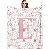LIANGW Coquette Pink Bow Flower Throw Blanket, Personalized Initial E Soft Fluffy Cozy Flannel Blanket, Monogrammed Gifts for Daughter Women Teen Girls, Customized Blanket for Bedroom, 50x60 in