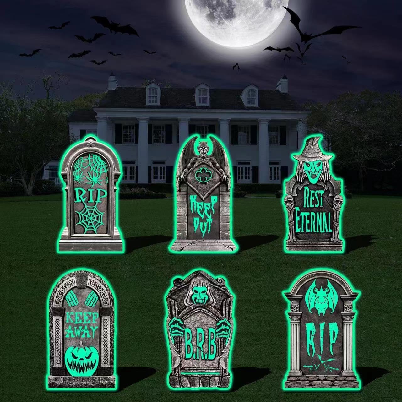 Yard Signs - 6 Pcs Halloween Decoration Outdoor Yard Signs Glow in the Dark Tombstone Yard Signs with Stakes Halloween Lawn Signs with for Halloween Party Home Pathway Courtyard