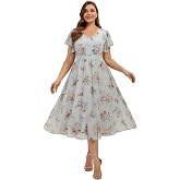 Ever-Pretty Plus Women's V-Neck Chiffon Plus Size Wedding Guest Dress Short Sleeve Midi A-line Floral Formal Dresses