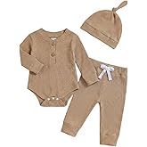 Newborn Baby Boy Clothes Long Sleeve Ribbed Bodysuit Pants Hat 3-Piece Outfit Set