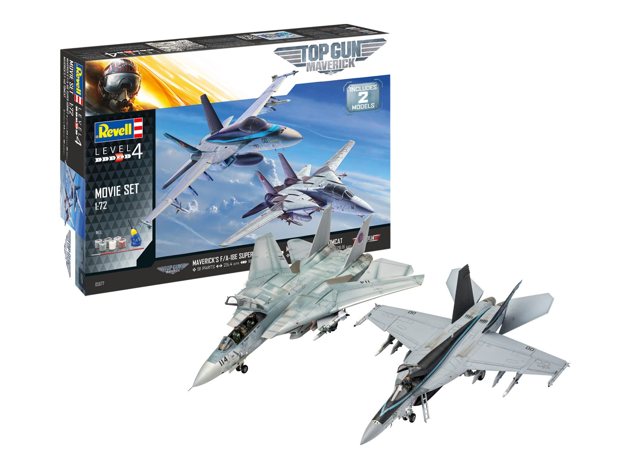 Revell Gift Set 05677 Top Gun Movies F-14D Super Tomcat & F/A-18E Super Hornet 1:72 Scale Unbuilt Plastic Model Kits with Contacta Professional Glue, Paintbrush & Selected Aqua Color Paints