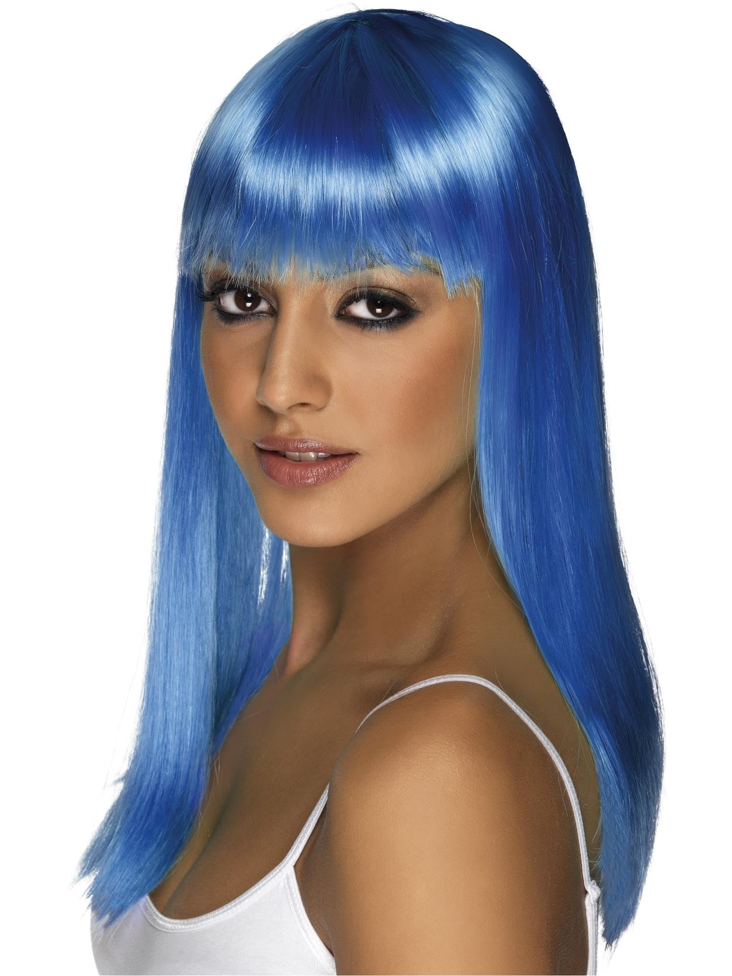 Smiffys Glamourama Wig, Neon Blue Long, Straight with Fringe, Ladies Glamour Wigs Fancy Dress, Adult Dress Up Wigs Halloween — image 1