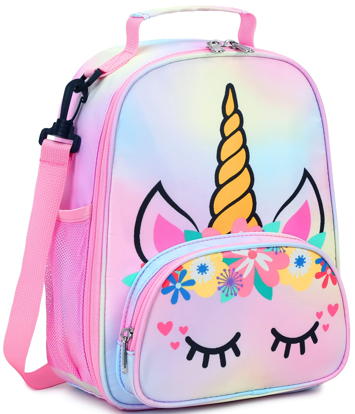 BTOOP Lunch Box Kids for Girls Insulated Lunch Bag Cute Reusable Toddler Thermal Meal Cooler Tote Crossbody Bags with Removable Shoulder Strap for School Travel (Rainbow 1)