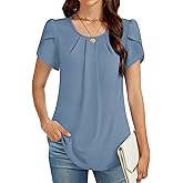 FUNLINGO Womens Tops Dressy Casual Summer Tunic Chiffon Blouse Pleated Front Crew Neck Shirts Loose Fit Business Flowy Top