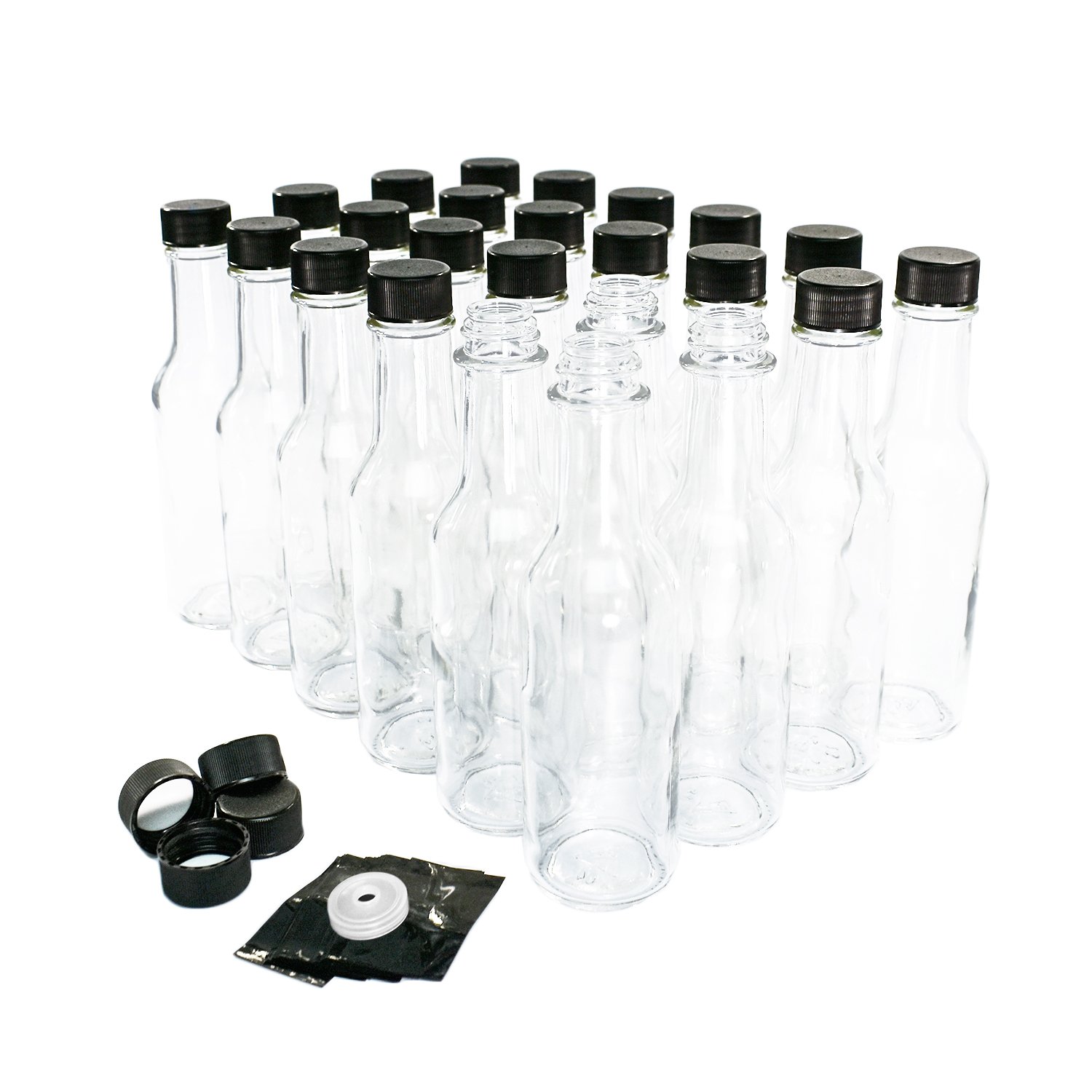(24 Pack) 5 oz. Clear Glass Hot Sauce Bottle (woozy) with Black Cap