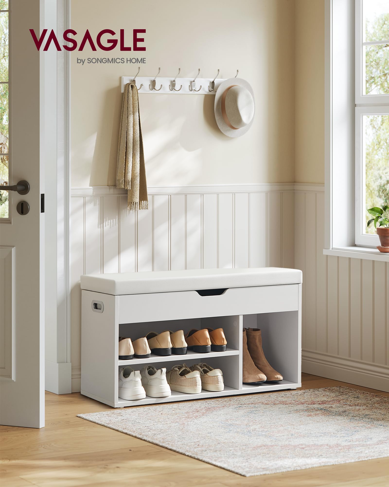 VASAGLE Schuhbank mit Sitzfläche, Sitzbank mit Stauraum, gepolstert, 3 offene Fächer, Fach unter Sitzkissen, Schuhregal für Wohnzimmer, Flur, bis 136 kg belastbar, wolkenweiß LHS30W 2