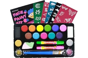 BVENDANO Face Painting Kits for Kids - 15 Large Water activated Paints, 3 Brushes, 2 Glitters, 40 Stencils, 2 Sponges, 2 Hair Chalks Non toxic Professional Party Halloween Makeup Face Paint