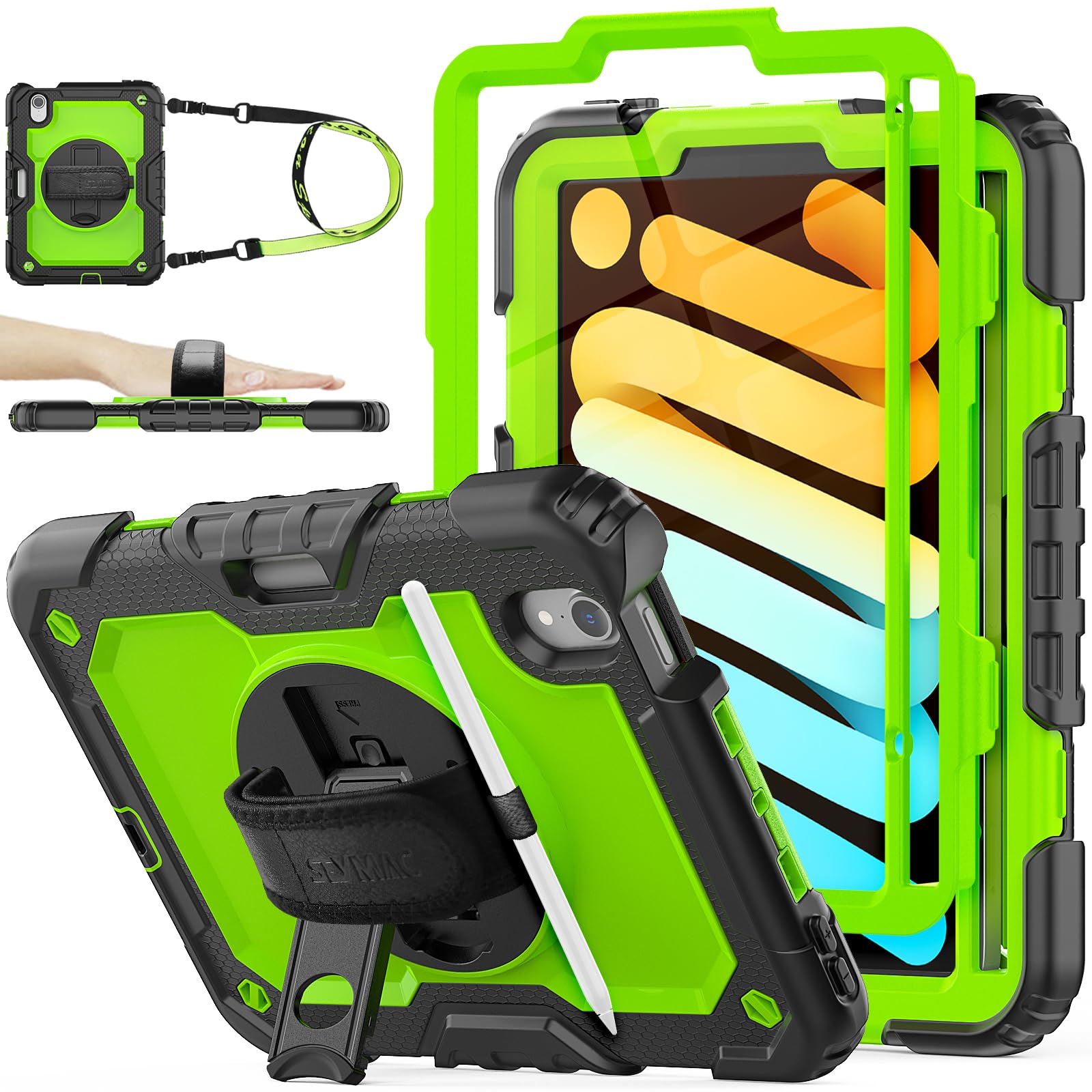 SEYMAC stock Case for iPad Mini 7 (A17 Pro)/ Mini 7th/6th Generation Case 8.3 inch(2024/2021), Full-body Shockproof Cover with 360° Rotating Stand/Hand Strap, Screen Protector & Pencil Holder, Green
