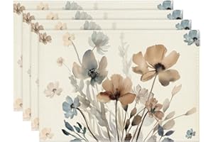 Artoid Mode Brown Poppy Floral Leaves Spring Placemats Set of 4, 12x18 Inch Seasonal Summer Table Mats for Party Kitchen Dining Decoration