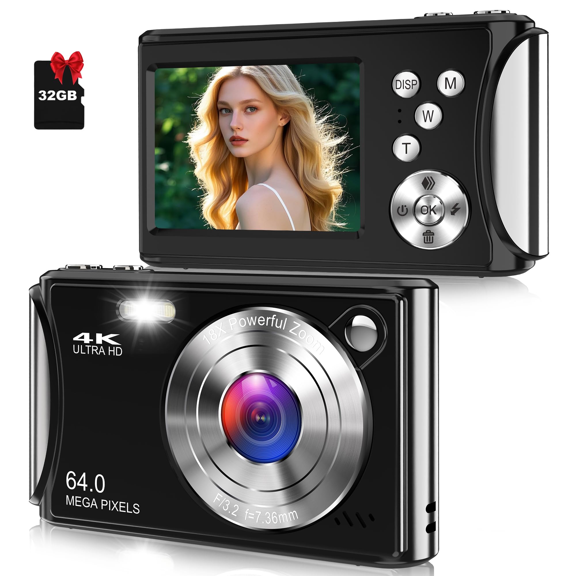 Photo 1 of Digital Camera, Autofocus 4K Vlogging Camera for Photography, 64MP Compact Point and Shoot Digital Camera with 32GB Micro SD Card, 18X Zoom, Anti-Shake with Tripod for Teens Adult Beginner, Black