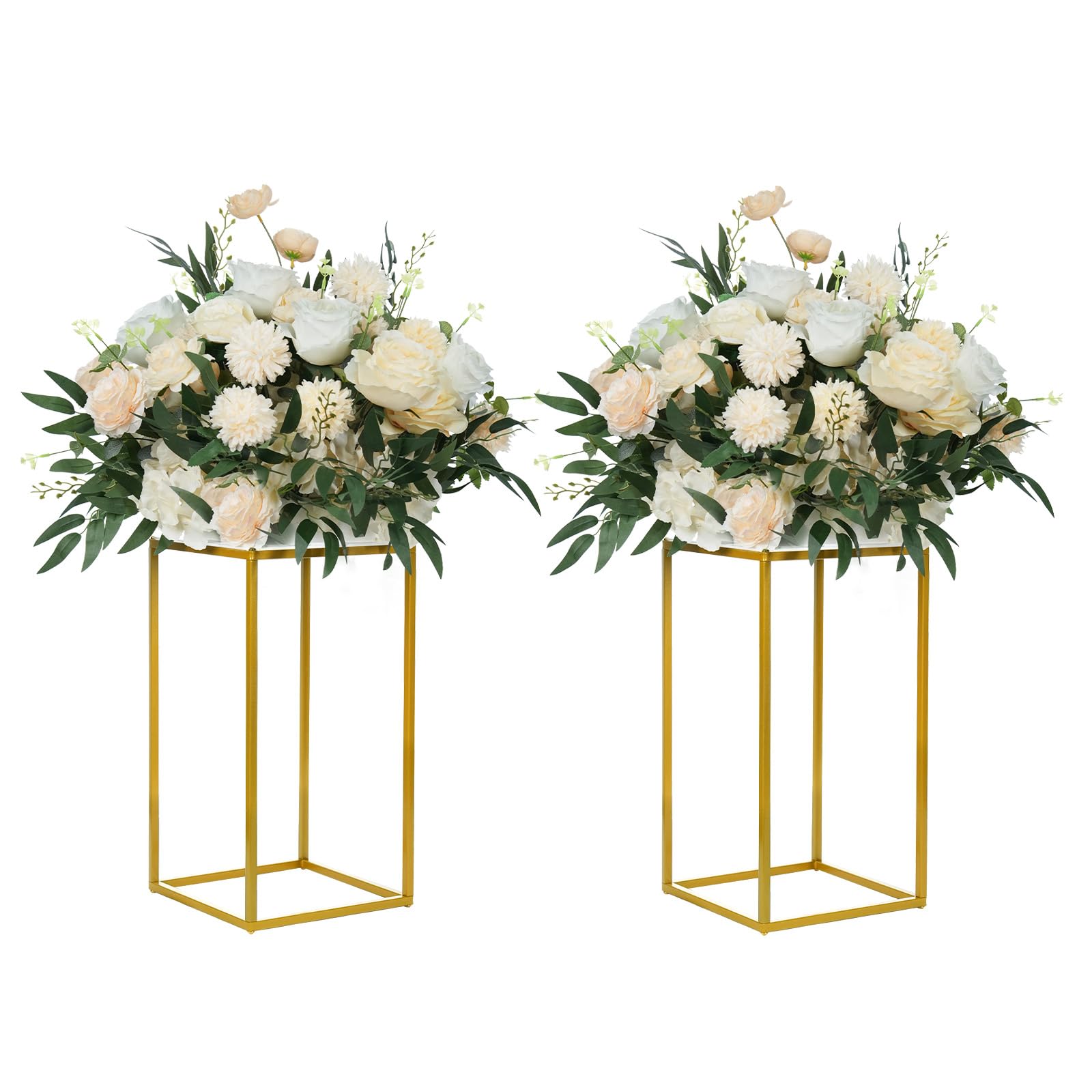 YALLOVE 2Pack 40cm Gold Wedding Flower Stand Metal Vase Column Stand Geometric Centerpiece Vase for Home Party Wedding Decorations, Rectangular Flower Display Rack