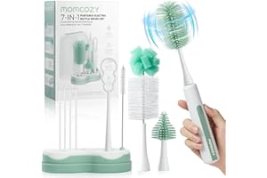 Momcozy 7 in 1 Electric Bottle Brush Kit, Portable Cleaning Set with Formula Mixer, Silicone Brush, Nipple Brush, Straw Brush, Soap Dispenser, Drying Rack - Long Battery Life for Home & Travel