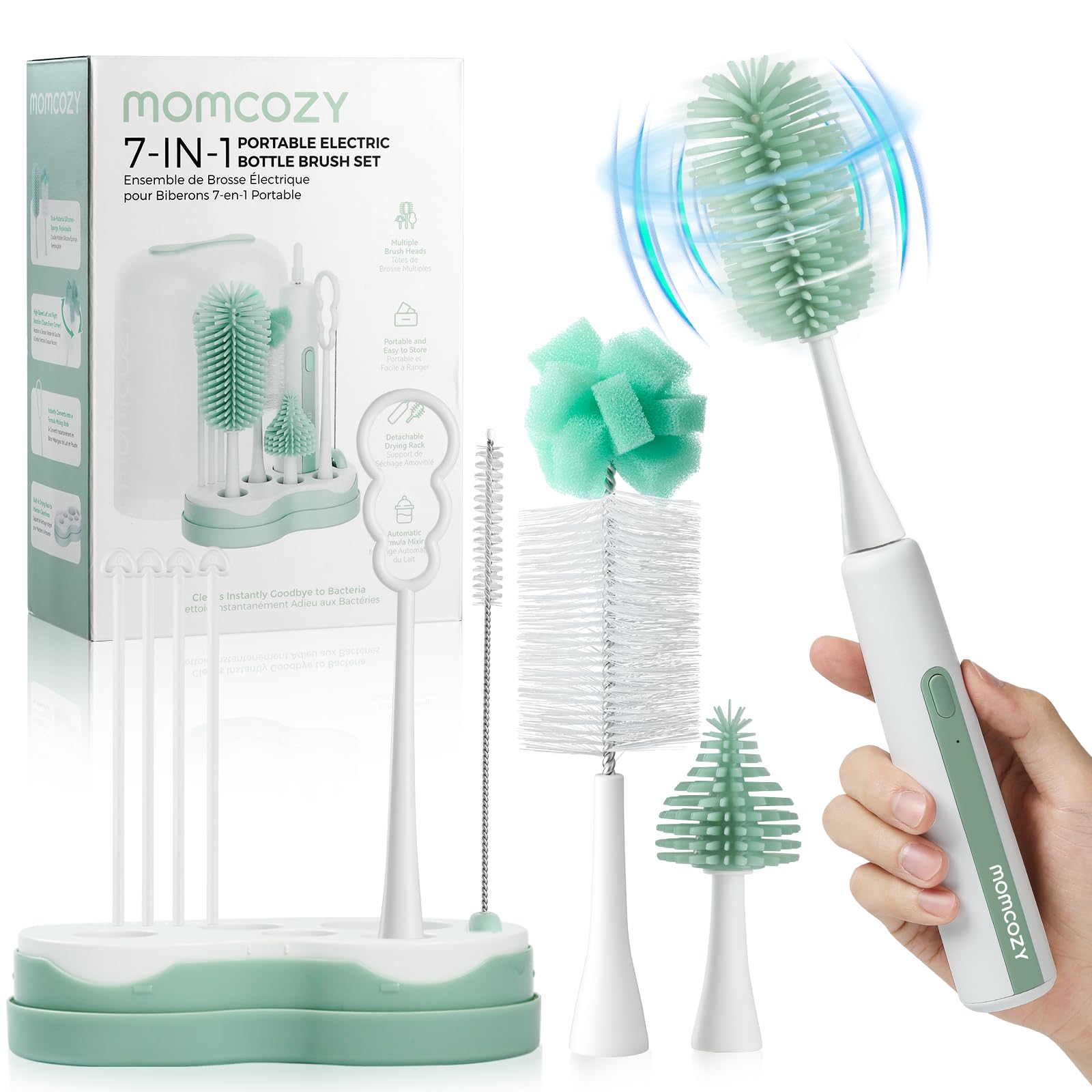Photo 1 of Momcozy 7 in 1 Electric Bottle Brush Kit, Portable Cleaning Set with Formula Mixer, Silicone Brush, Nipple Brush, Straw Brush, Soap Dispenser, Drying Rack - Long Battery Life for Home & Travel