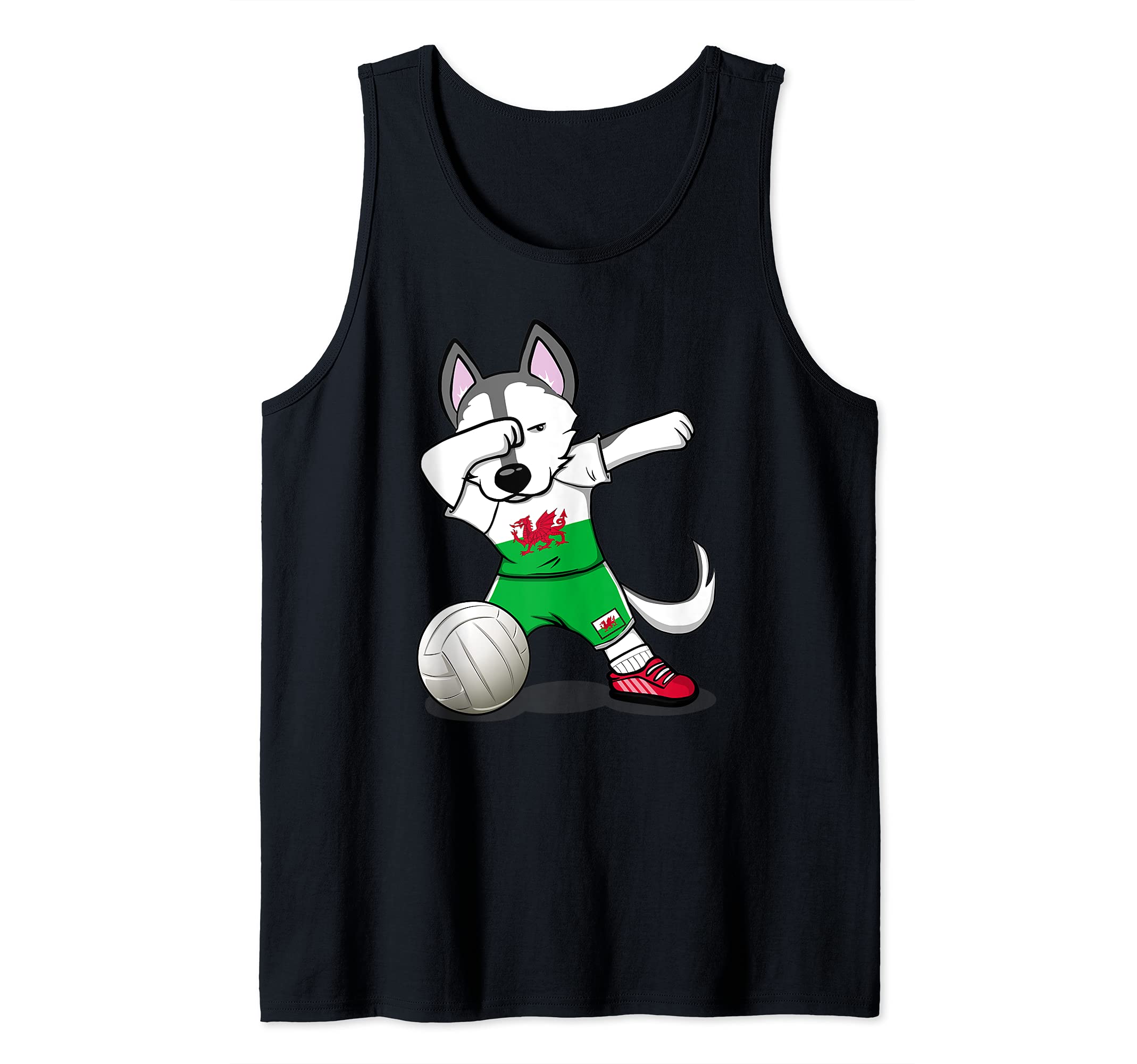 Dabbing Husky Dog Wales Volleyball Fans Jersey - Welsh Flag Tank Top