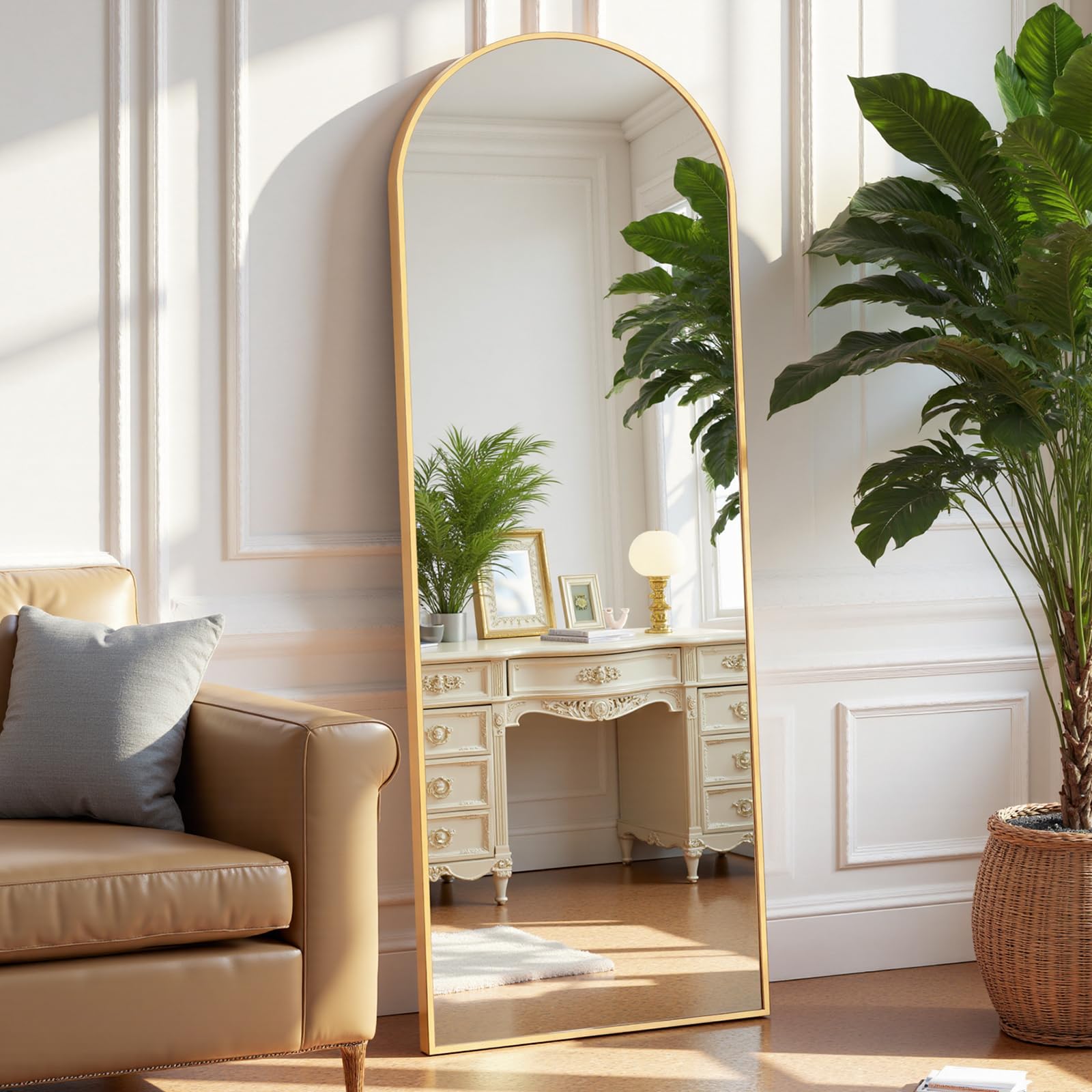 Photo 1 of OLIXIS Arched Full Length Mirror 59"x16" for Bedroom, Full Body Mirror with Stand, Hanging or Leaning for Wall, Aluminum Alloy Thin Frame Floor Standing for Living Room, Tall, Gold