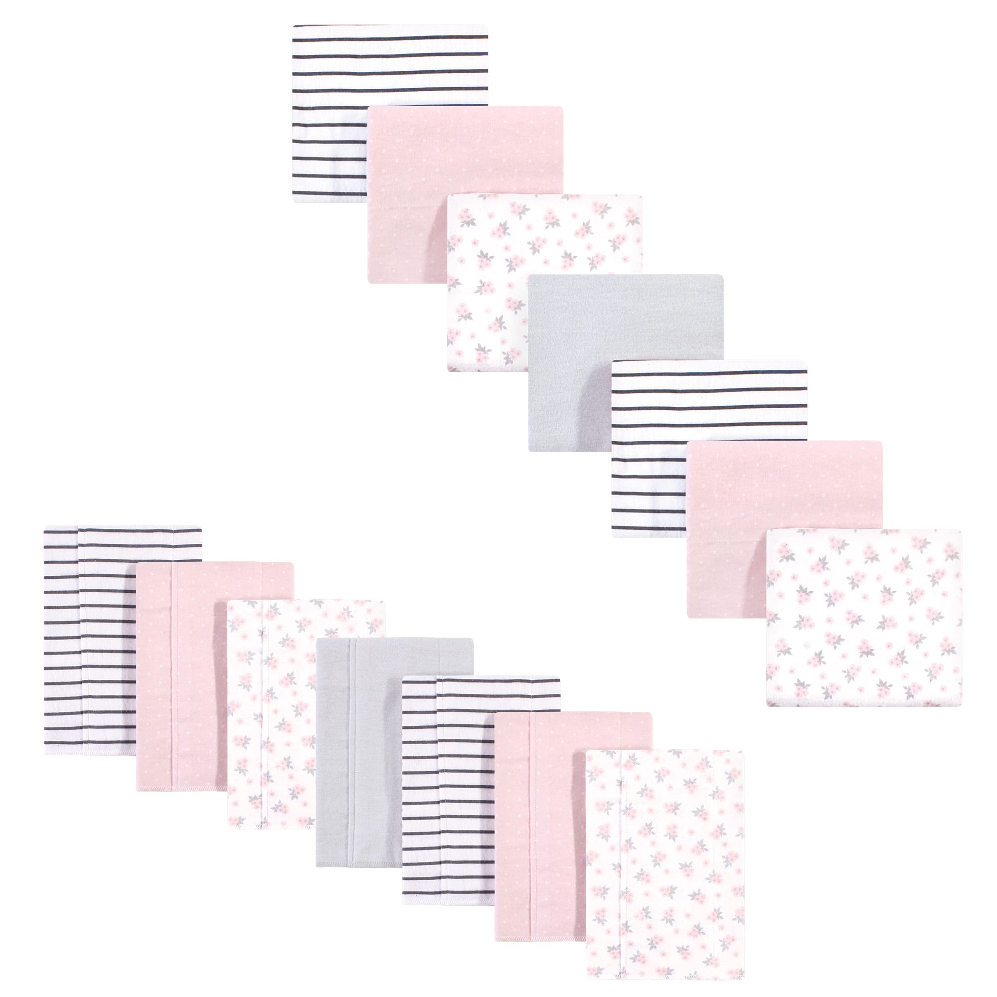 Hudson Baby Unisex Baby Cotton Flannel Burp Cloths and Receiving Blankets, 14-Piece, Gray Pink Floral, One Size