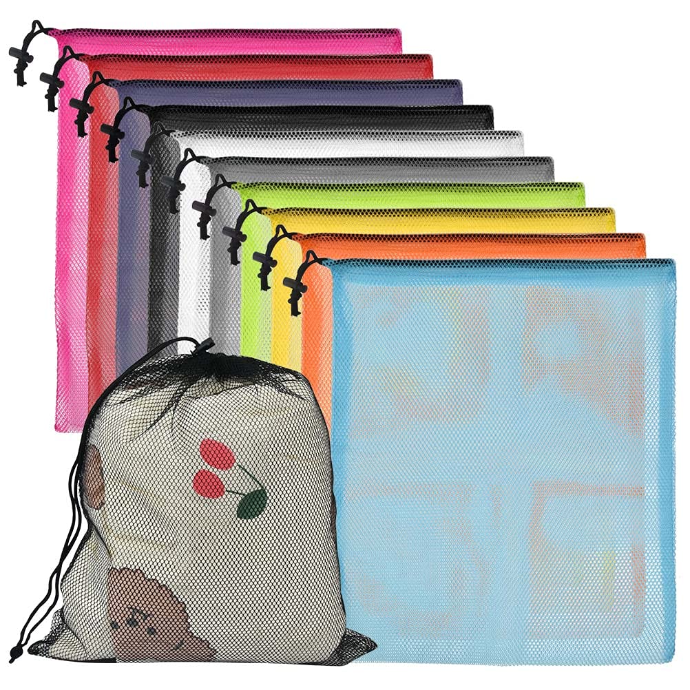 10 Pieces Drawstring Mesh Bags with 10 Colors Laundry Bag Ball Bag Mesh Stuff Sack Nylon Storage Bag for Sport, Swimming, Beach, Travel, Gym, Camping and Training - 39.5 x 34cm
