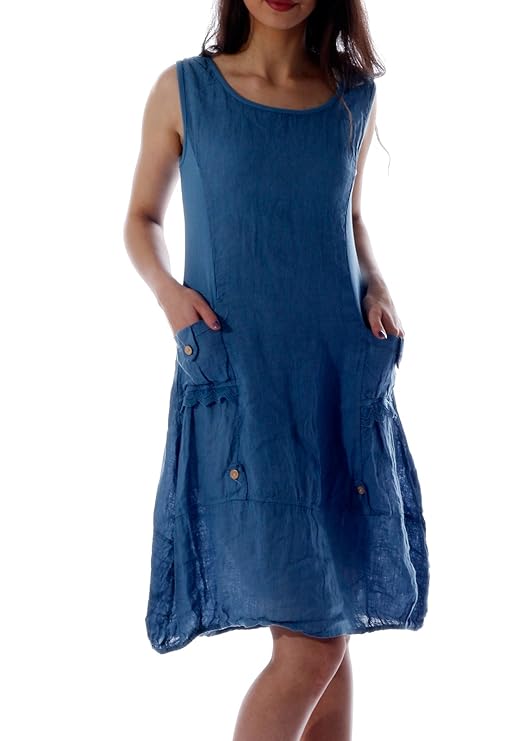 Damen Leinen Kleid ärmellos mit schönen Details
