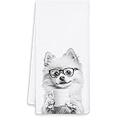 OSLYSOF Funny Pomeranian Kitchen Towels, Pomeranian Gifts for Women Dish Tea Towels, Black and White Dog Lovers Owner Gifts Hand Towel for Kitchen, Coffee Bar Station Decor, 16x24 Inch