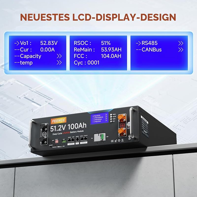 48V 100Ah Lithium LiFePO4 Solarbatterie, unterstützt Kommunikation mit Wechselrichter, integriertes 100 A BMS, max. 5120 W Ausgangsleistung, über 6000 Zyklen, ideal für Off-Grid-Systeme,