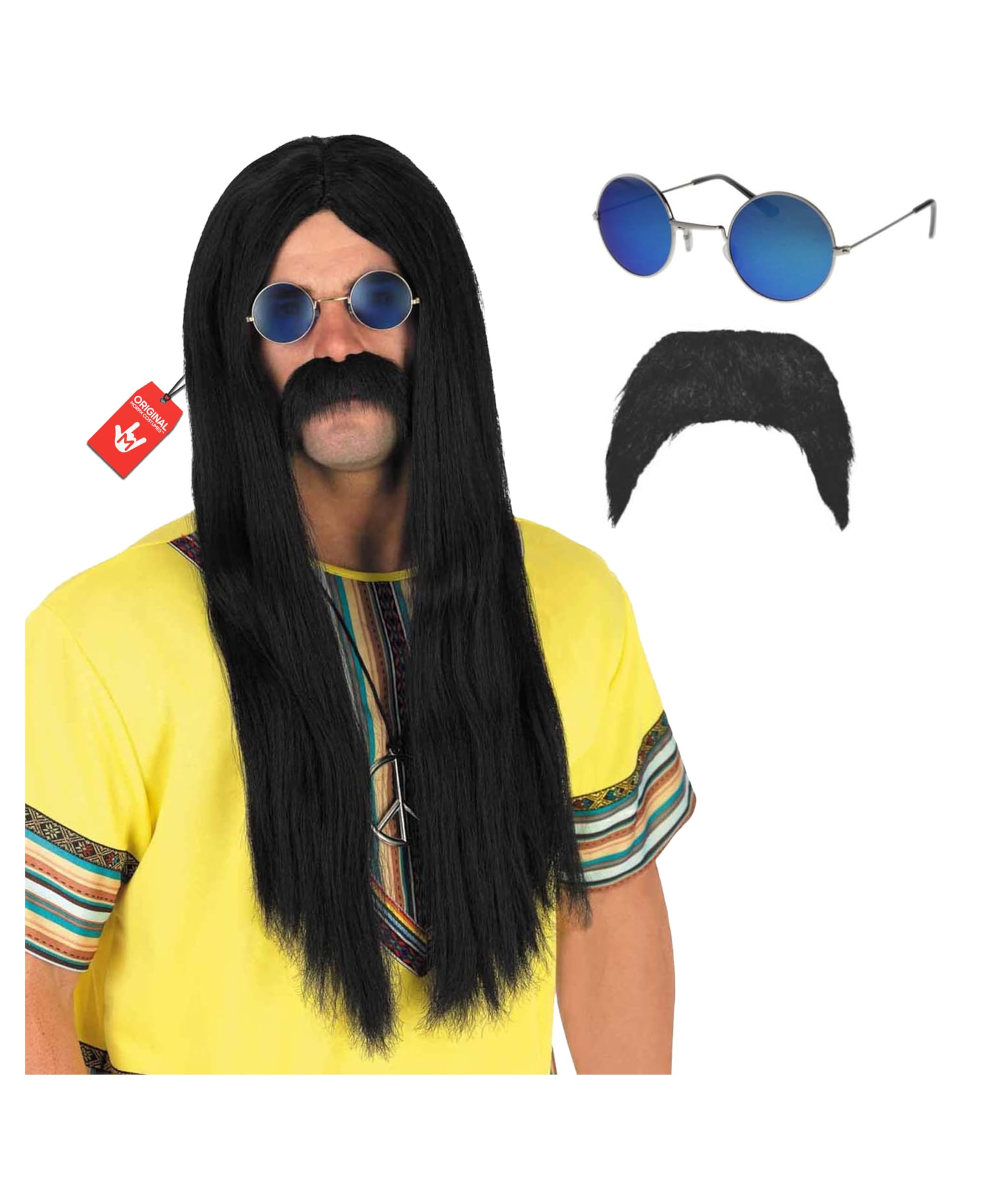 Fun Shack Long Black Wig for Men - Hippy Costume Wig for 60s 70s Fancy Dress - Black Long Hair Accessory, One Size