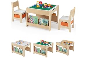 Costzon 4 in 1 Kids Table and Chairs, Wooden Toddler Activity Desk Set w/Reversible Graffiti & Building Blocks Tabletop, Storage Drawers and Bookshelves for Drawing, Reading, Crafts (Natural)