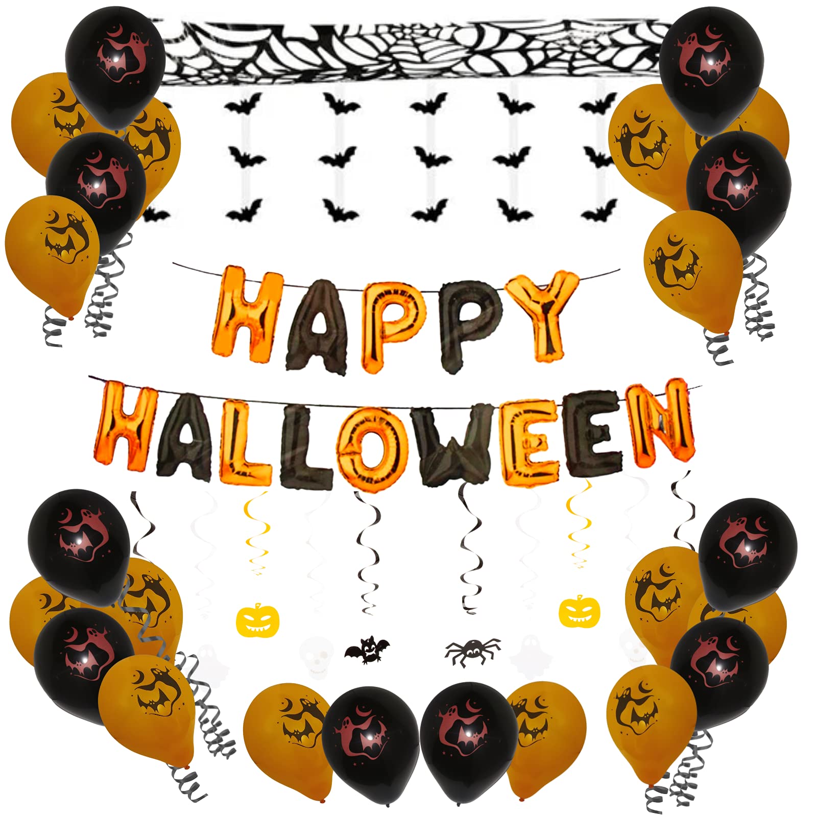 "N/A" Halloween Party Decorations Bundle Including Happy Halloween Foil Balloon Banner, 24 Pack Of Black And Orange Balloons, 3 Metre Hanging Bat Decoration and 10 Swirl Foil Decorations