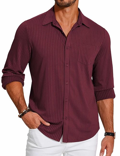 COOFANDY Men's Casual Button Down Shirt Long Sleeve Wrinkle Free Shirts Textured Stretch Shirts with Pocket