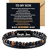 JIANZHEN Tiger Eye Bracelets For Men To My Son Leather Bracelet Engarved With Love You Forever and American Flag Cross Beads Bracelet with Greeting Cards Christmas Christian Birthday Jewelry Gifts