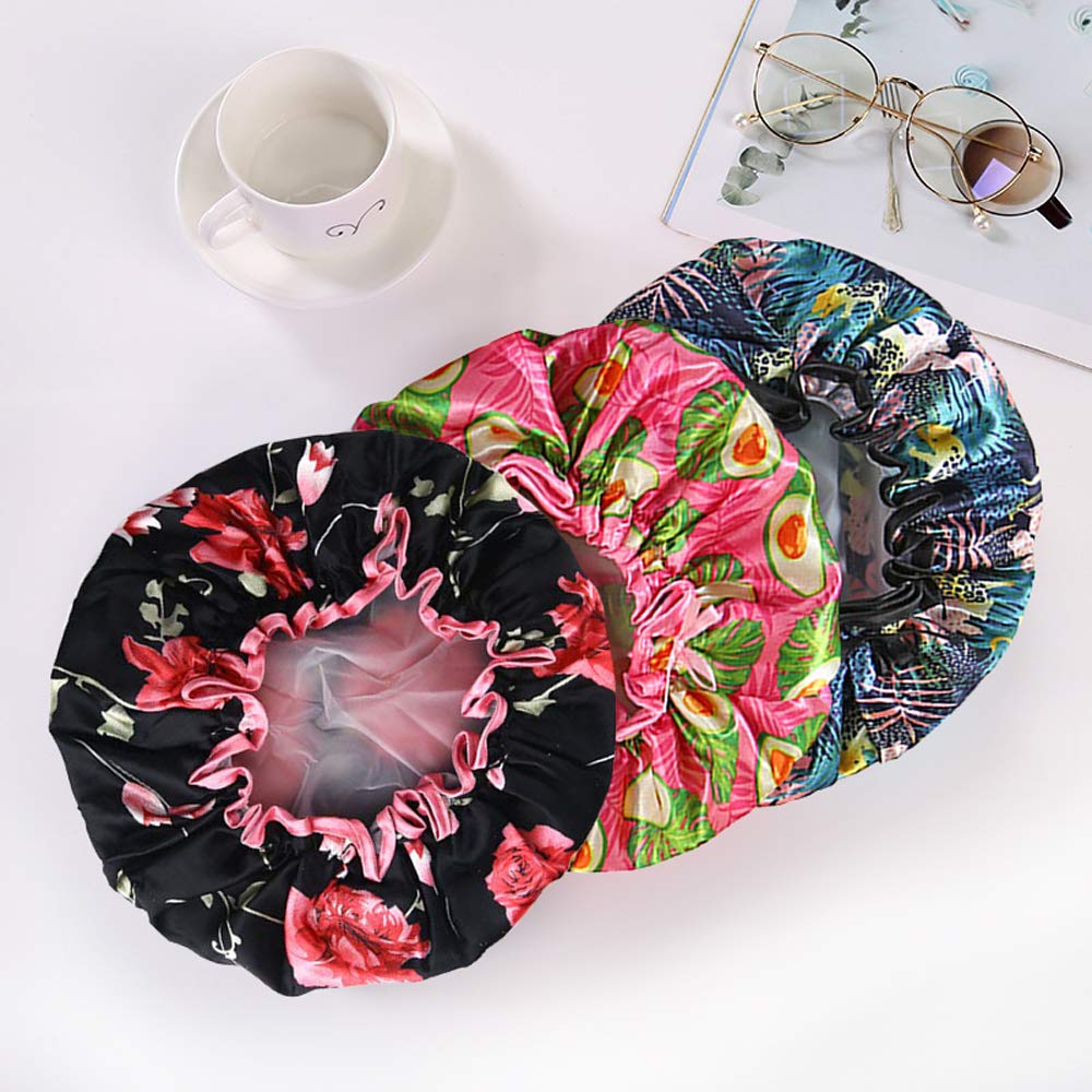 3PACK Shower Cap for Women, Reusable Bath Hair Cap with Waterproof Double Layers Design, Stylish Printed Shower Hat with Elastic Band, Suitable for Different Hair Lengths and Head Circumference : Beauty