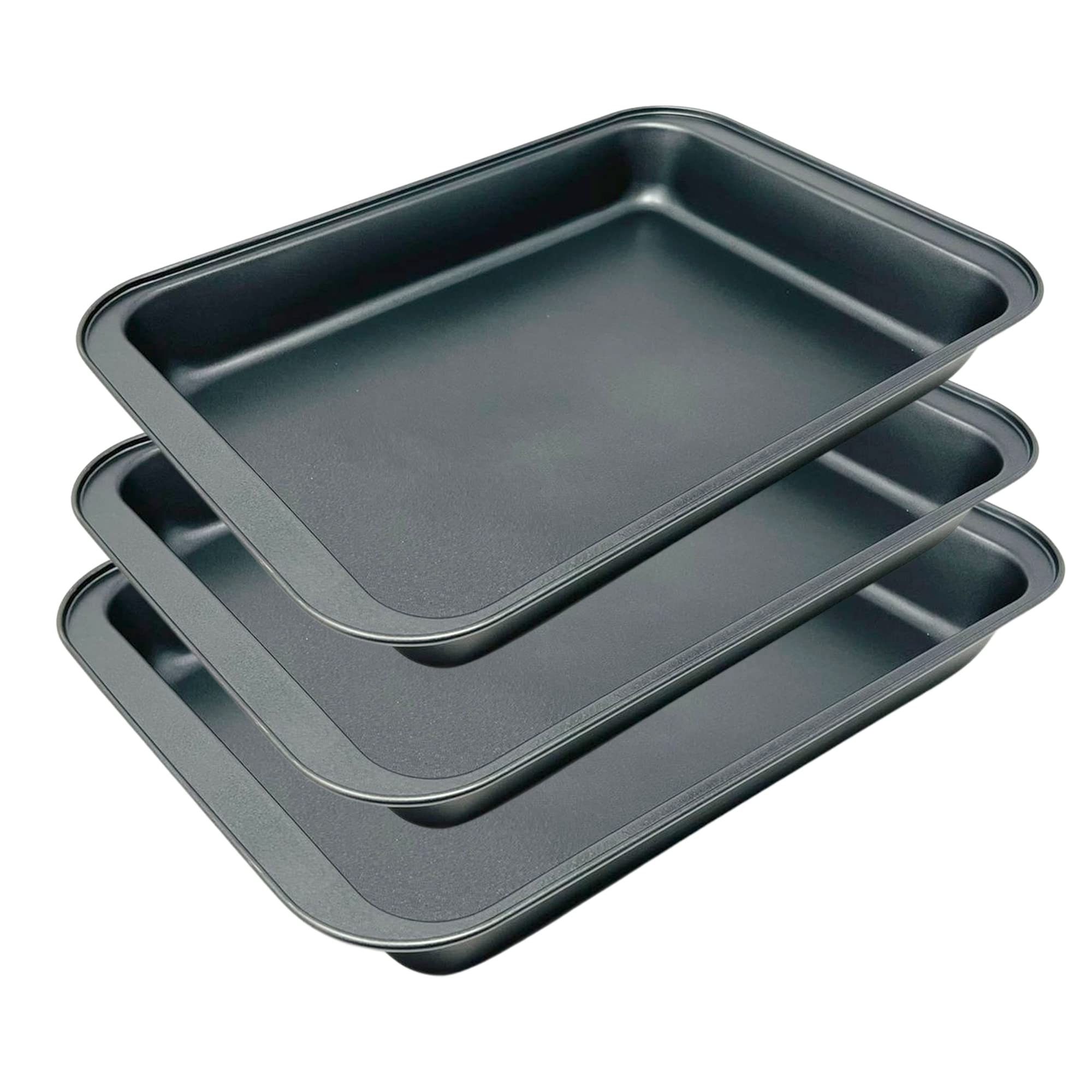 Plastific 3pc Roasting Tray Set Non-Stick Deep Oven Baking Tins Heavy Duty Trays Roasting Trays for Oven Non-Stick (Grey)