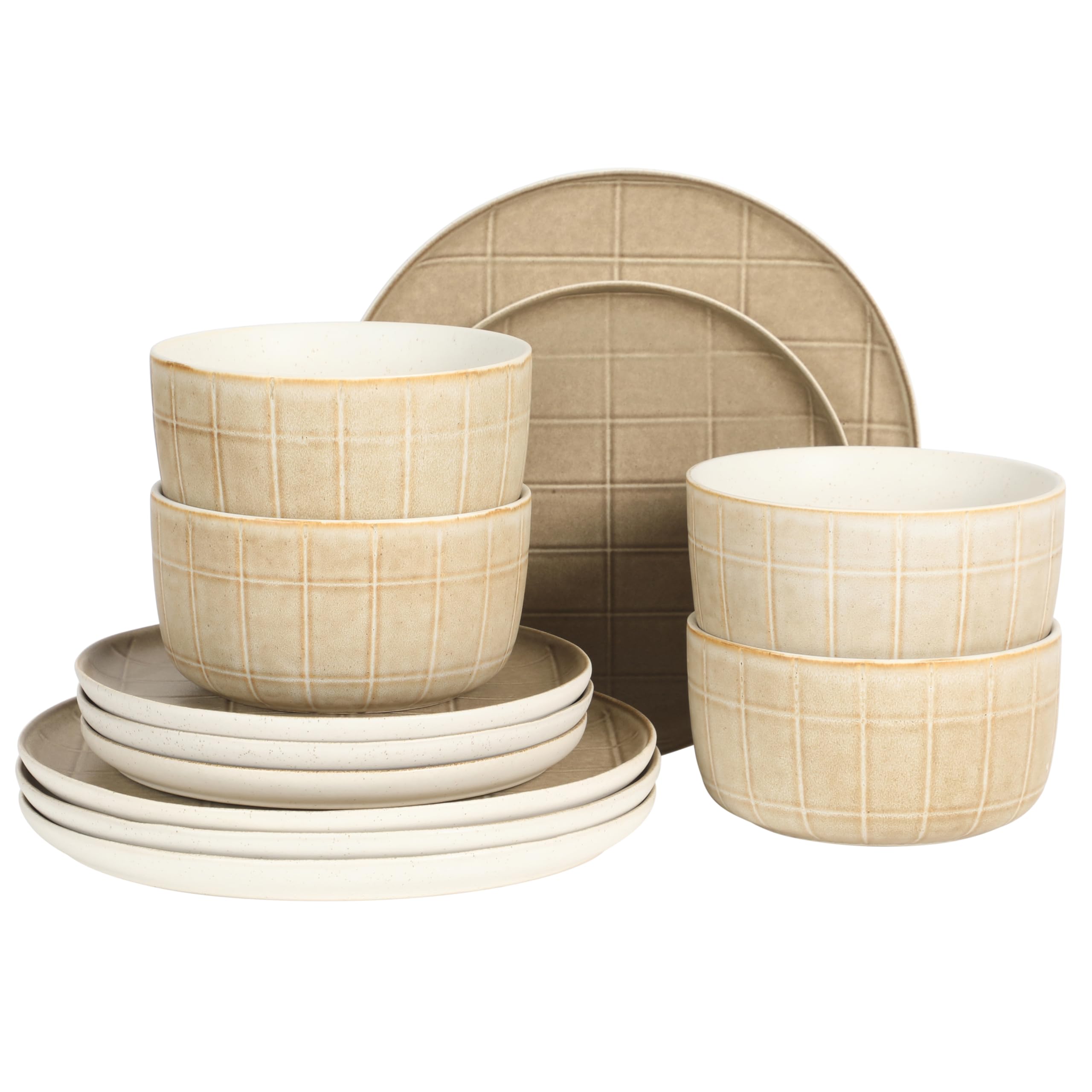 Gisbon Elite Butterwick 12 Piece Plates and Bowls Stoneware Dinnerware Set - Brown Blush Pink Reactive Glaze Patterned Dishes - Microwave and Dishwasher Safe Image