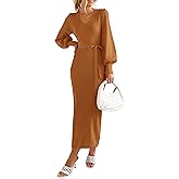 PRETTYGARDEN Women's Fall Knit Pullover Sweater Dress Elegant Long Lantern Sleeve V Neck Winter Maxi Bodycon Dresses